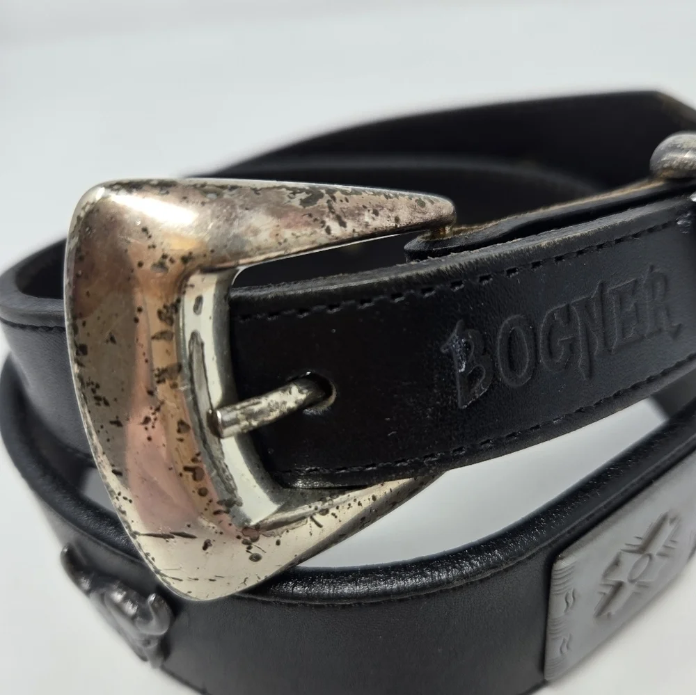 BOGNER BLACK LEATHER BELT SILVER WESTERN MEDALLIONS SKULL BUCKLE WESTERN WOMEN M